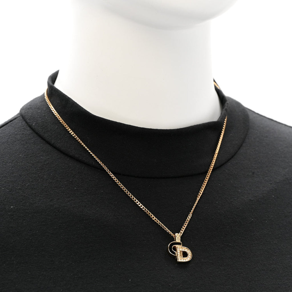 Christian Dior Metal Crystal Enamel CD Necklace Gold Black