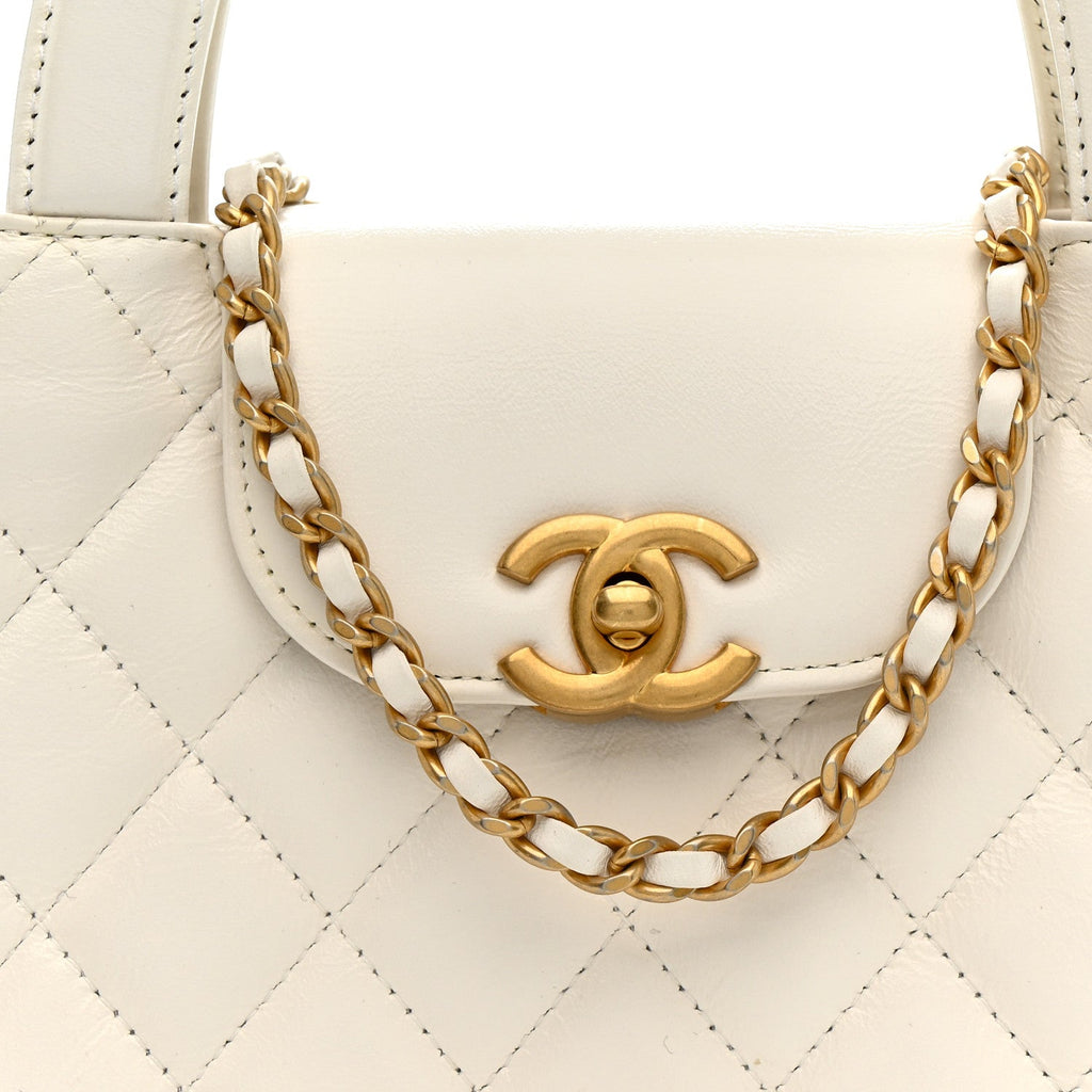 Chanel Shiny Aged Calfskin Quilted Nano Kelly Shopper White
