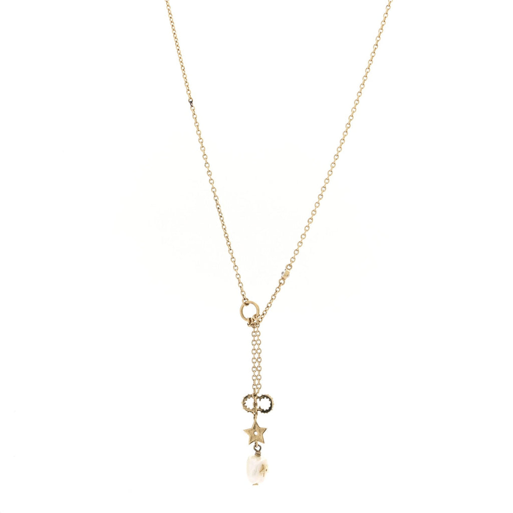 Christian Dior Crystal Pearl CD Shiny-D Tribal Long Necklace Gold