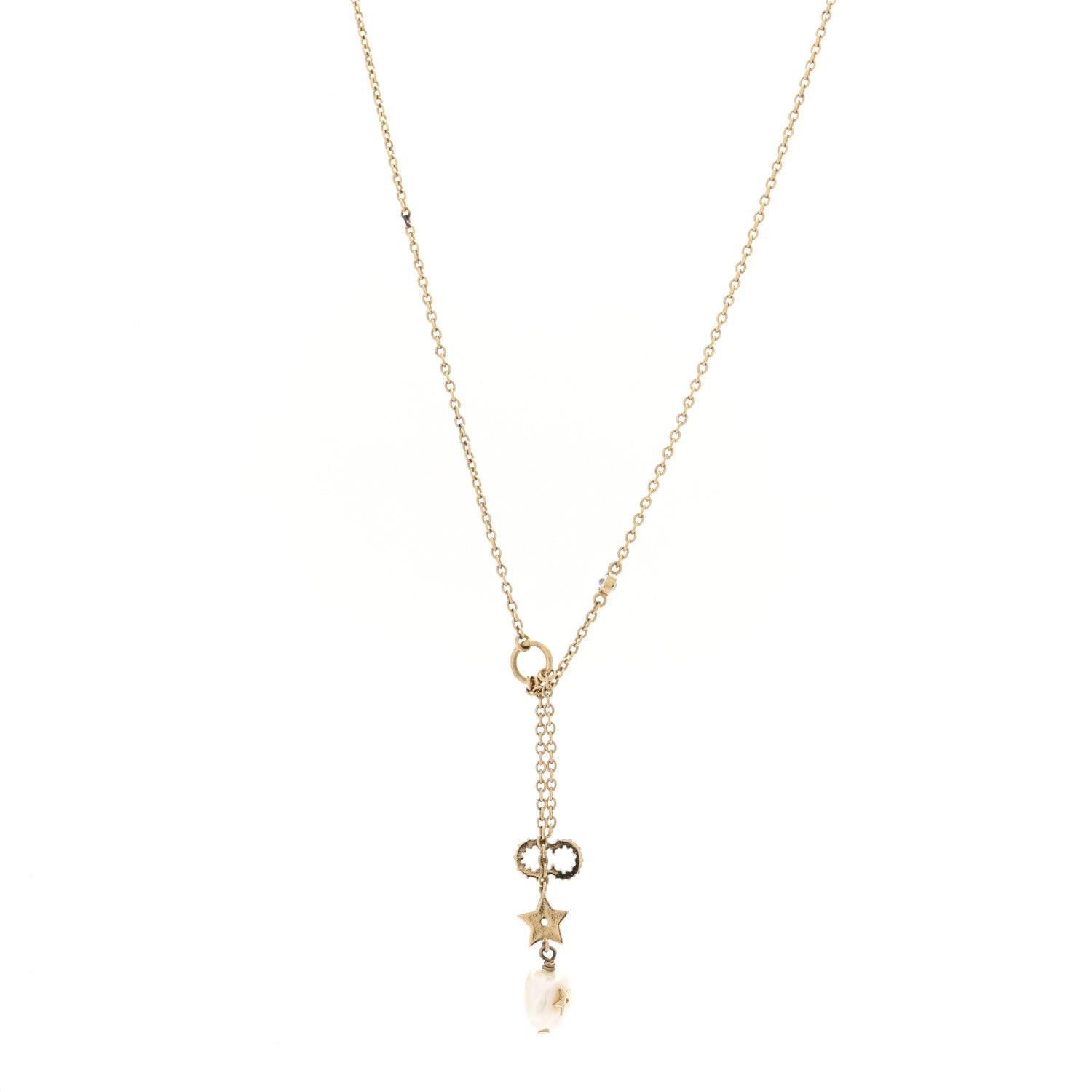 Christian Dior Crystal Pearl CD Shiny-D Tribal Long Necklace Gold