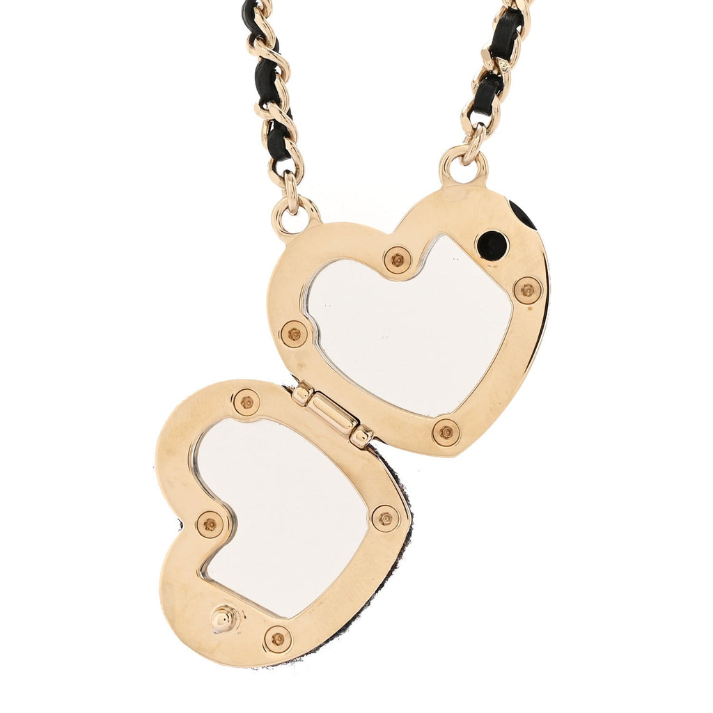 Chanel Tweed Lambskin CC Heart Locket Necklace Gold Black Beige