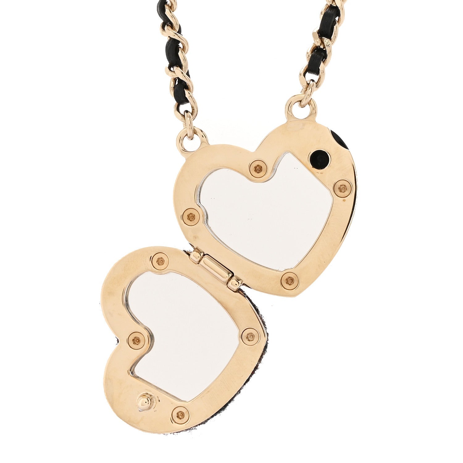 Chanel Tweed Lambskin CC Heart Locket Necklace Gold Black Beige