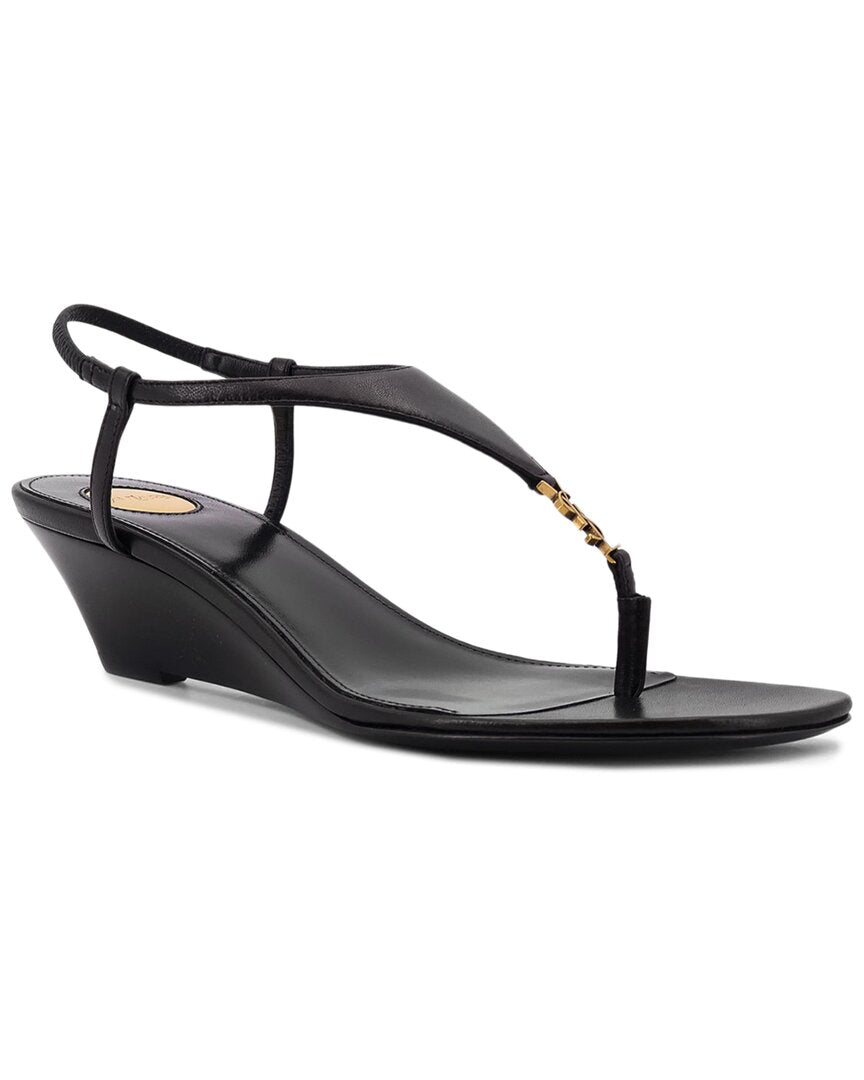 Saint Laurent Cassandre Wedge Leather Thong Sandal