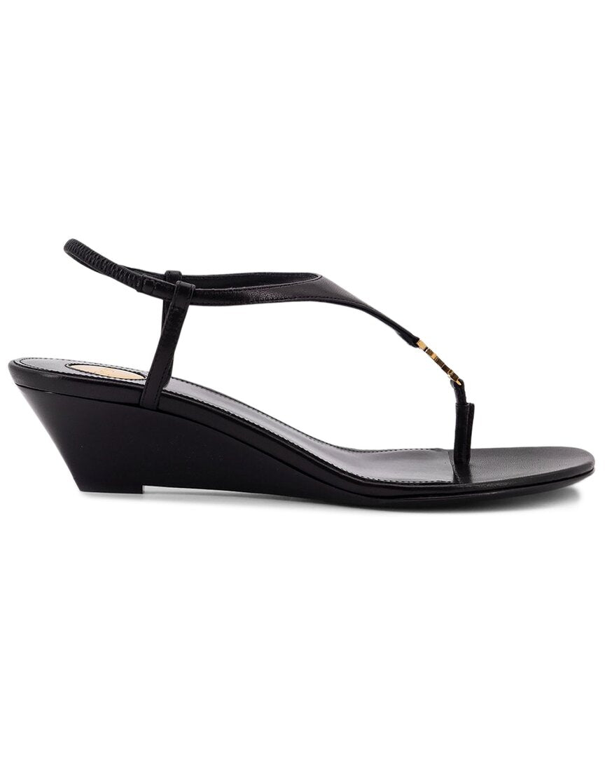 Saint Laurent Cassandre Wedge Leather Thong Sandal