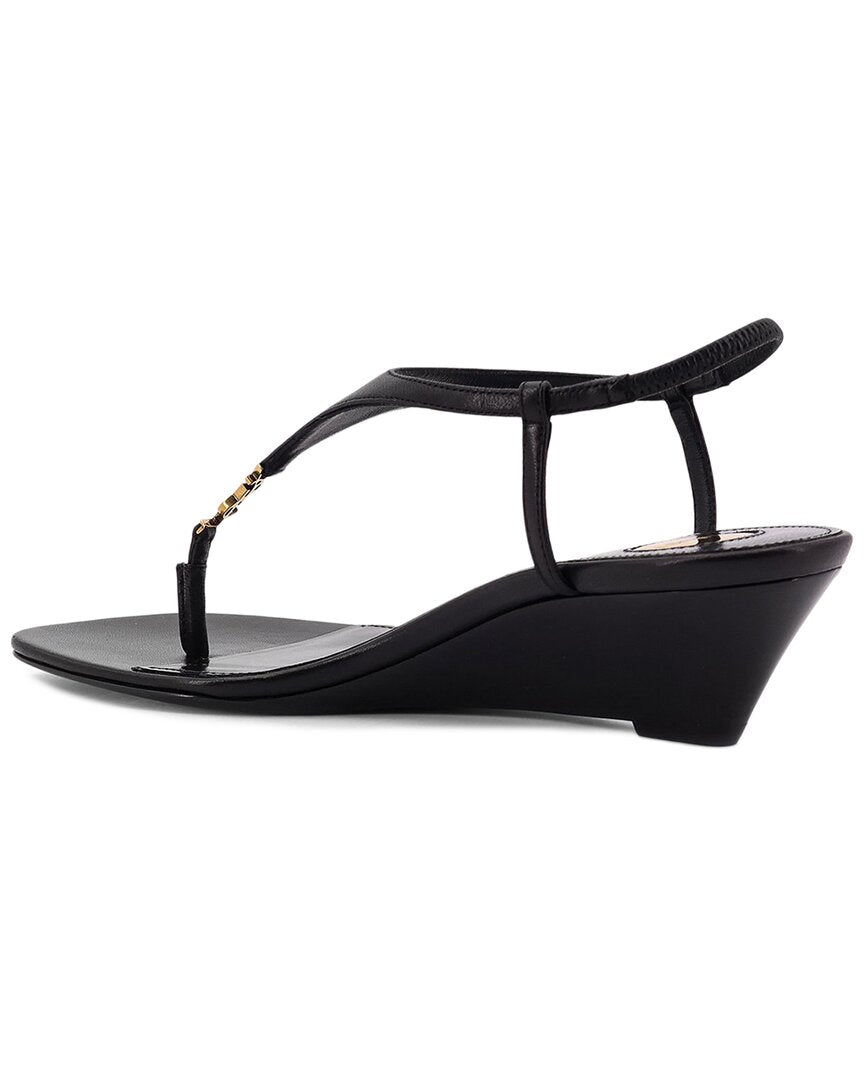 Saint Laurent Cassandre Wedge Leather Thong Sandal