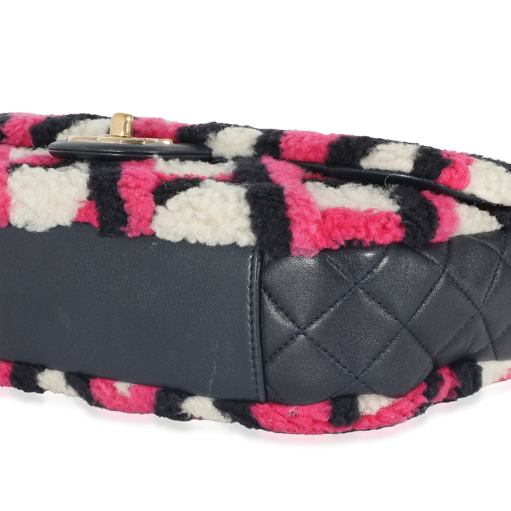 Chanel Fuchsia Navy White Shearling Lambskin Emoticon Single Flap Bag