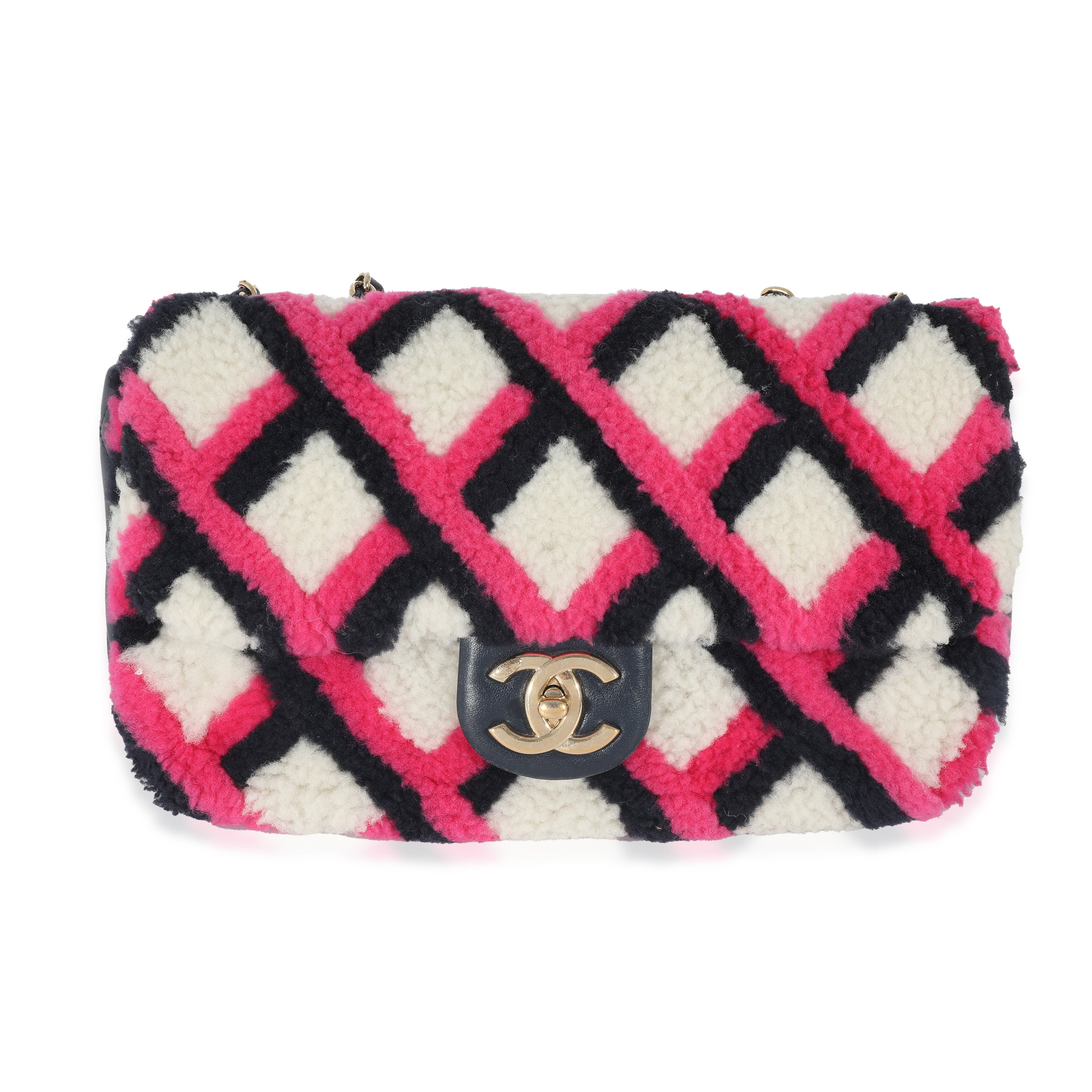 Chanel Fuchsia Navy White Shearling Lambskin Emoticon Single Flap Bag