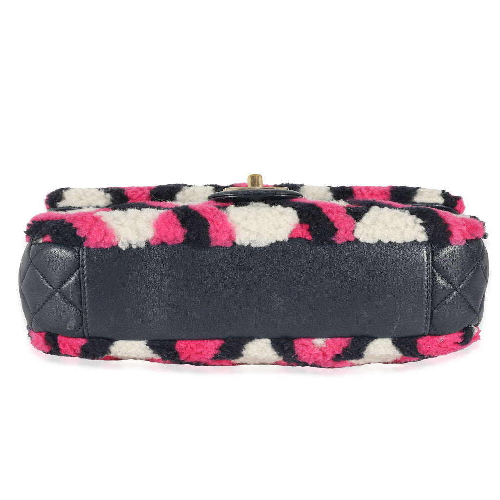 Chanel Fuchsia Navy White Shearling Lambskin Emoticon Single Flap Bag