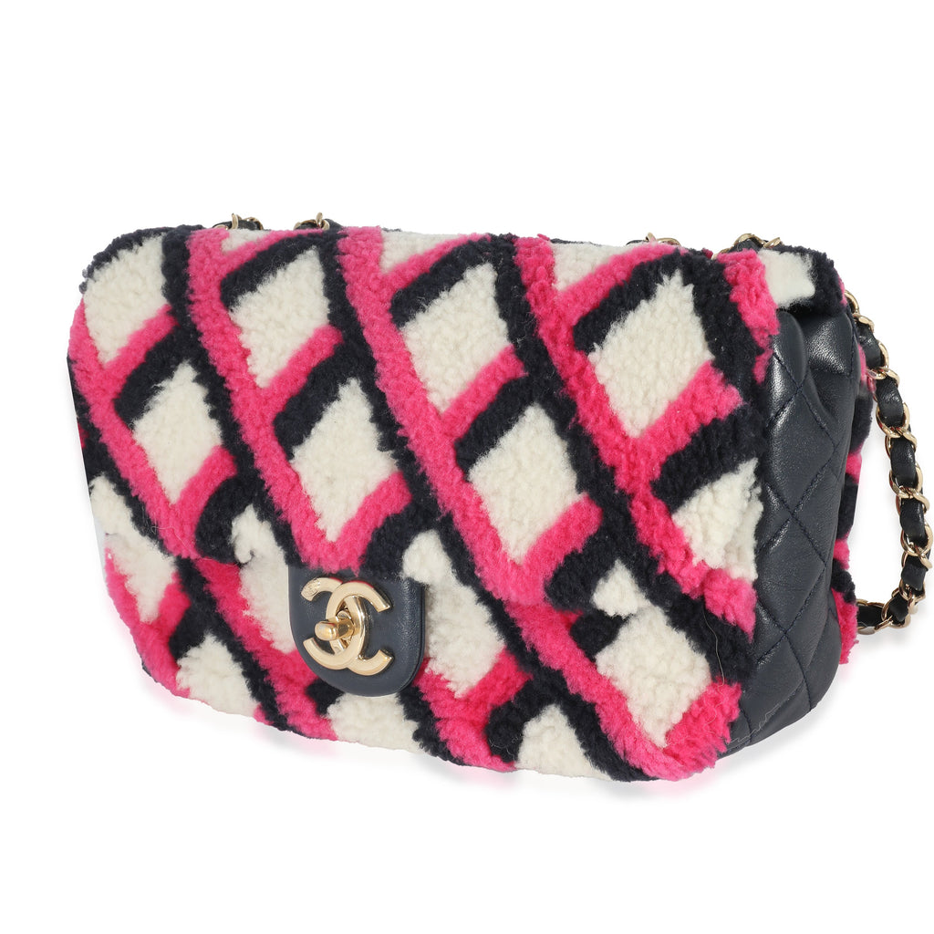 Chanel Fuchsia Navy White Shearling Lambskin Emoticon Single Flap Bag