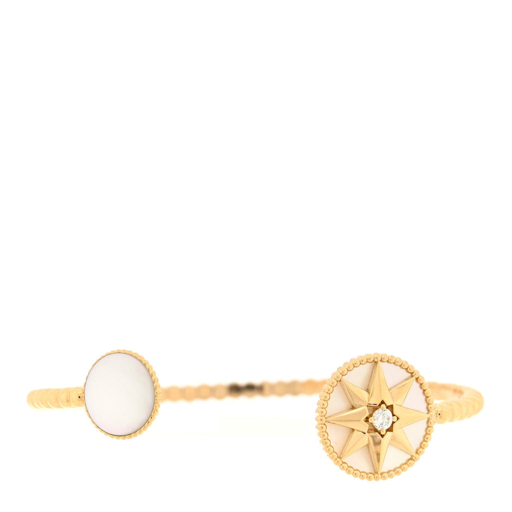 Christian Dior 18K Yellow Gold Diamond Mother of Pearl Rose Des Vents Cuff Bracelet