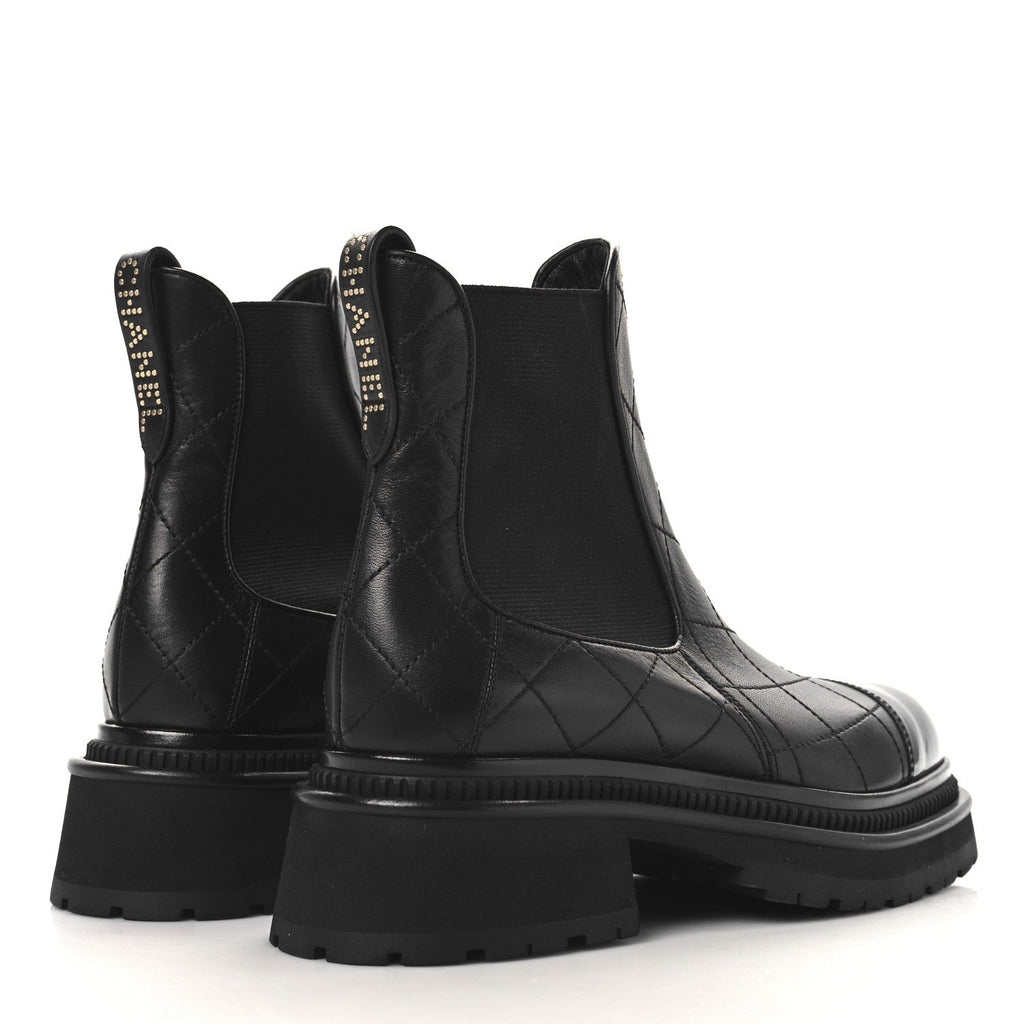 Chanel Calfskin Patent Cap Toe Quilted Short Boots 37 Black