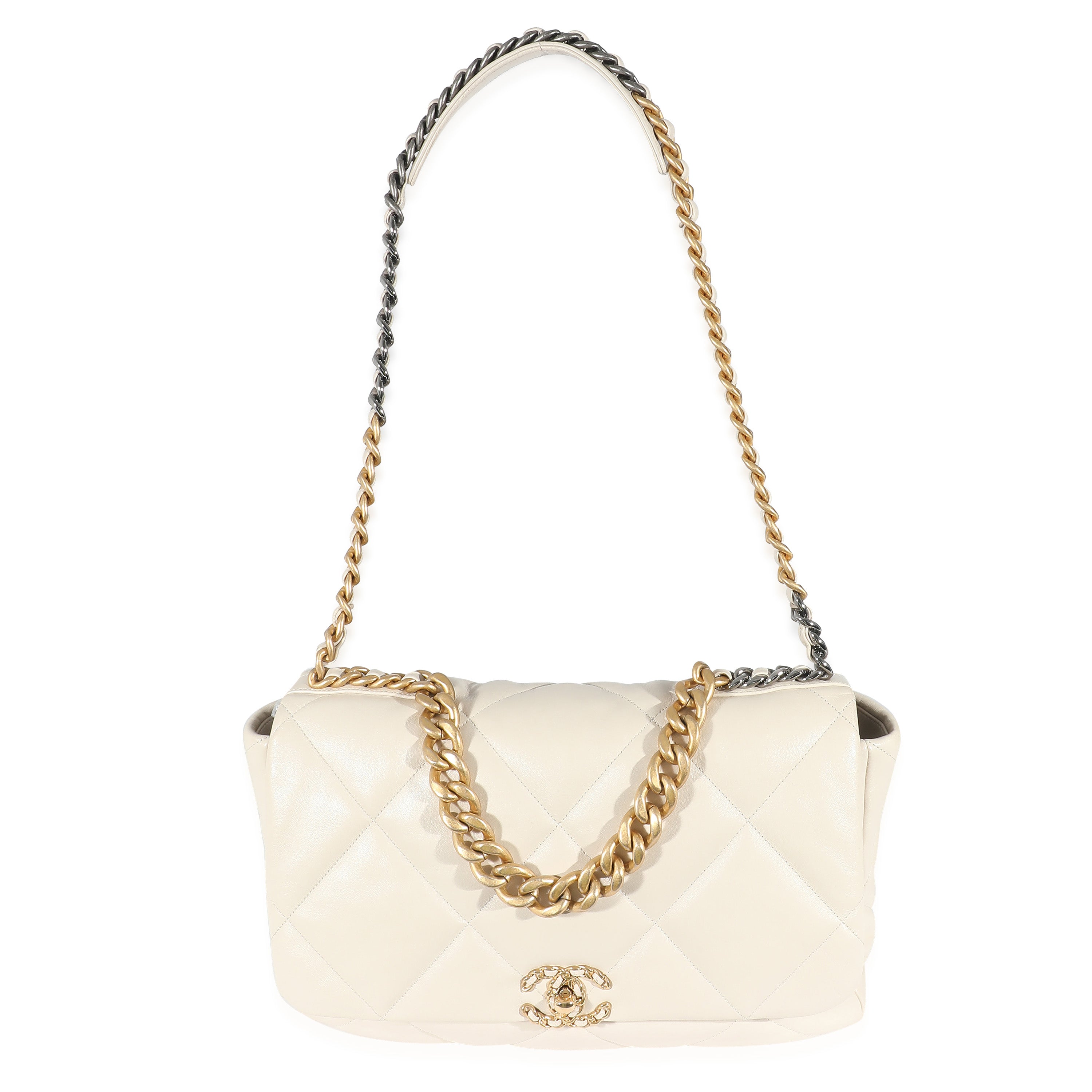 Chanel Ivory Shiny Quilted Lambskin Maxi Chanel 19 Flap Bag