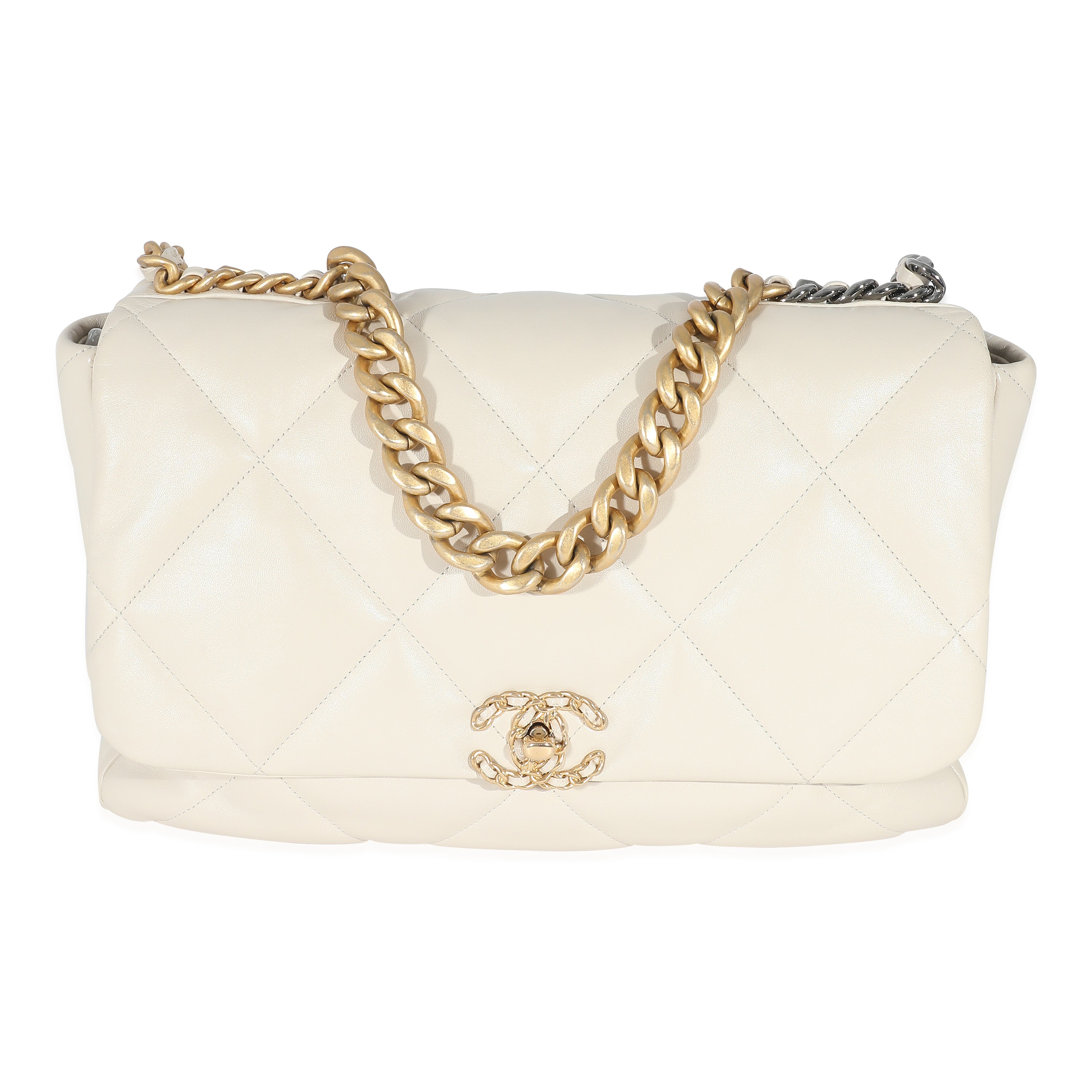 Chanel Ivory Shiny Quilted Lambskin Maxi Chanel 19 Flap Bag