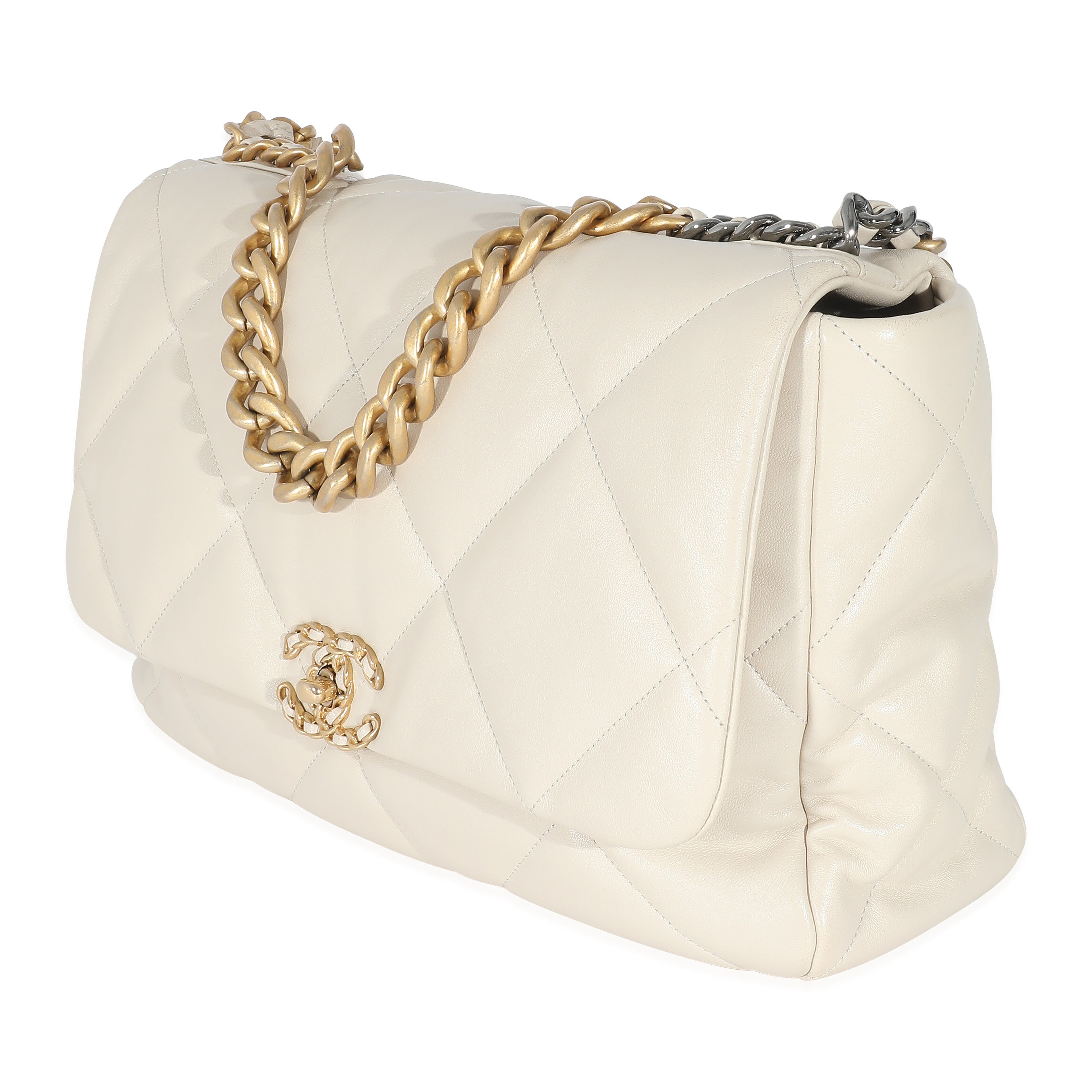 Chanel Ivory Shiny Quilted Lambskin Maxi Chanel 19 Flap Bag