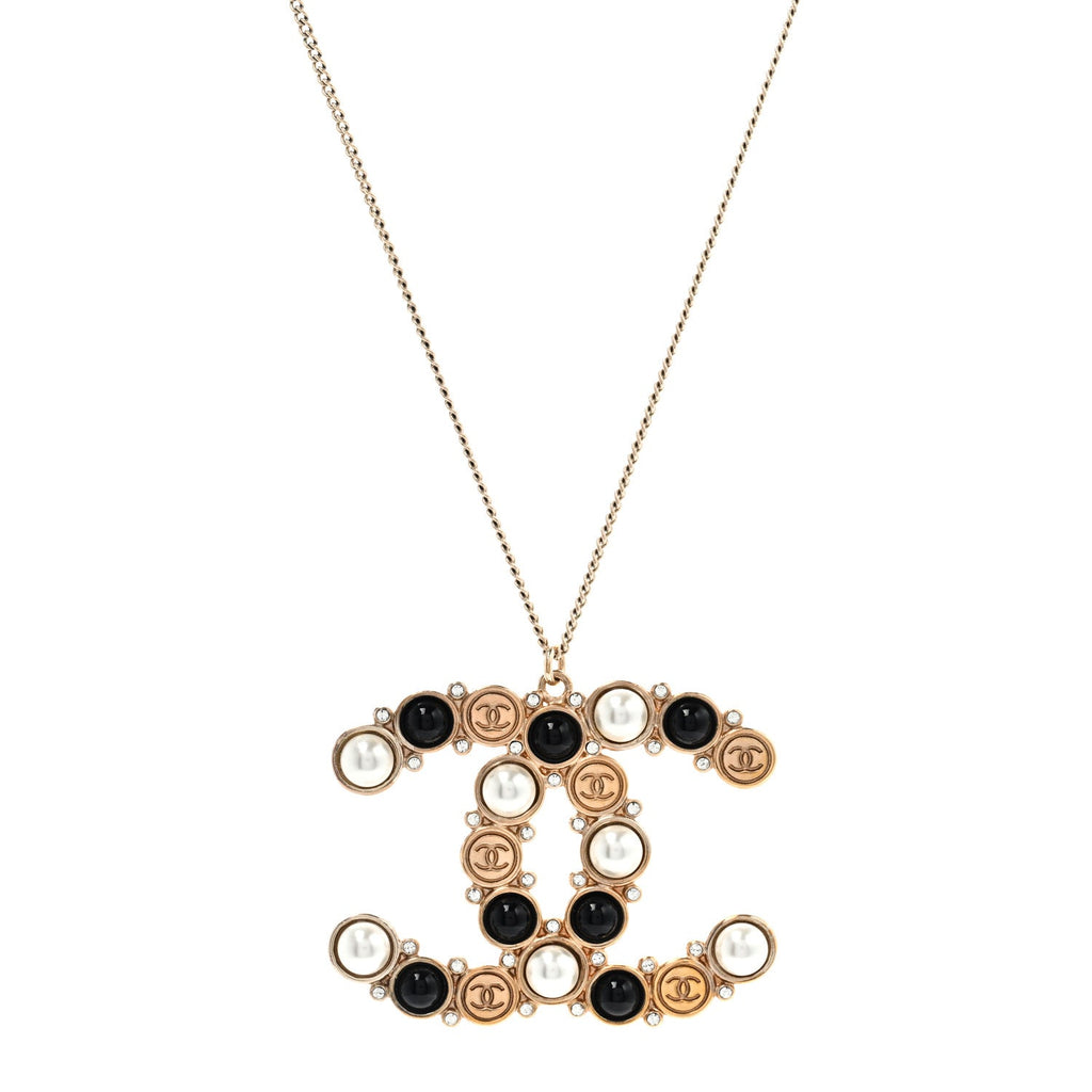 Chanel Crystal Pearl CC Chain Necklace Gold Black