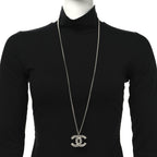 Chanel Metal Crystal CC Long Chain Necklace Silver