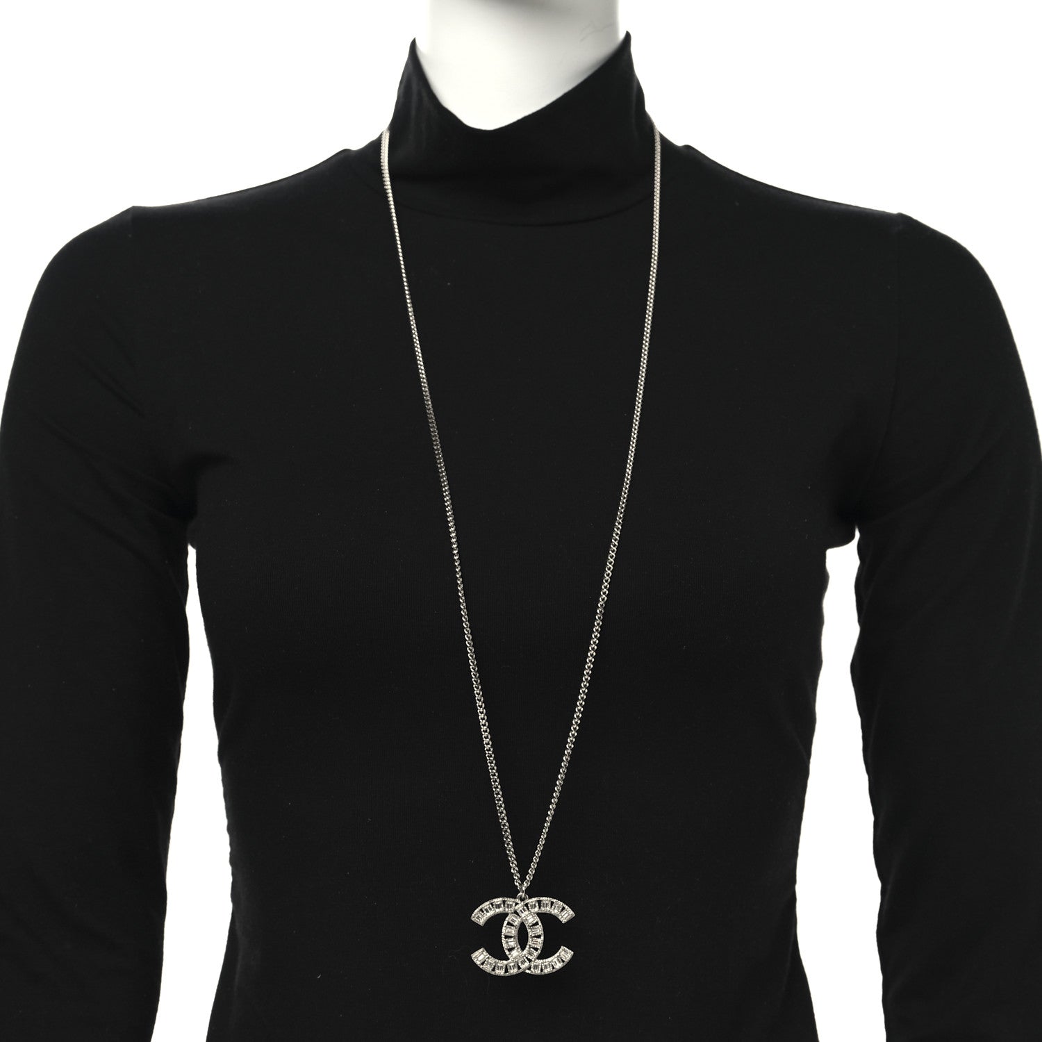 Chanel Metal Crystal CC Long Chain Necklace Silver