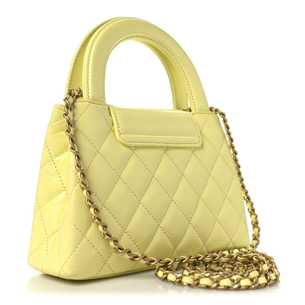 Chanel Shiny Aged Calfskin Quilted Nano Kelly Shopper Light Yellow