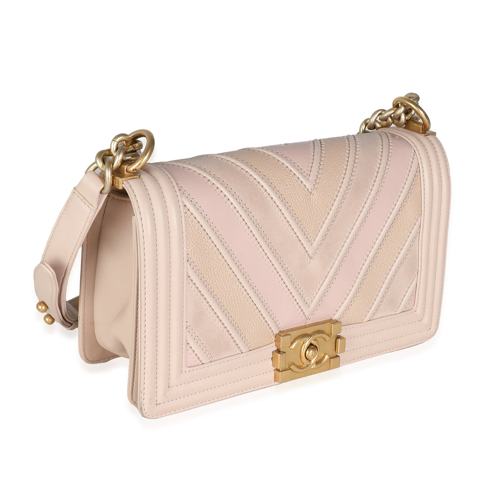 Chanel Beige Caviar Suede Calfskin Chevron Medium Boy Handbag