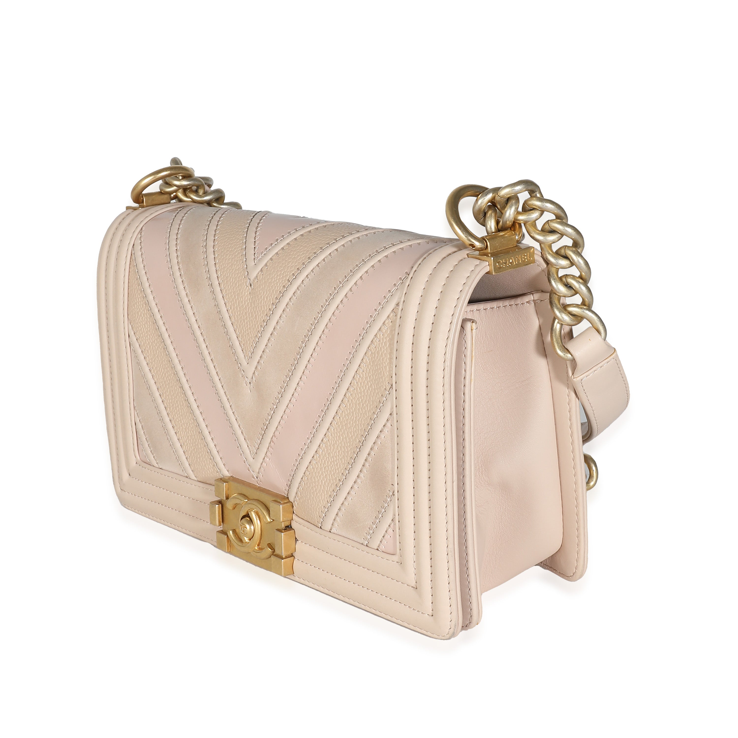 Chanel Beige Caviar Suede Calfskin Chevron Medium Boy Handbag