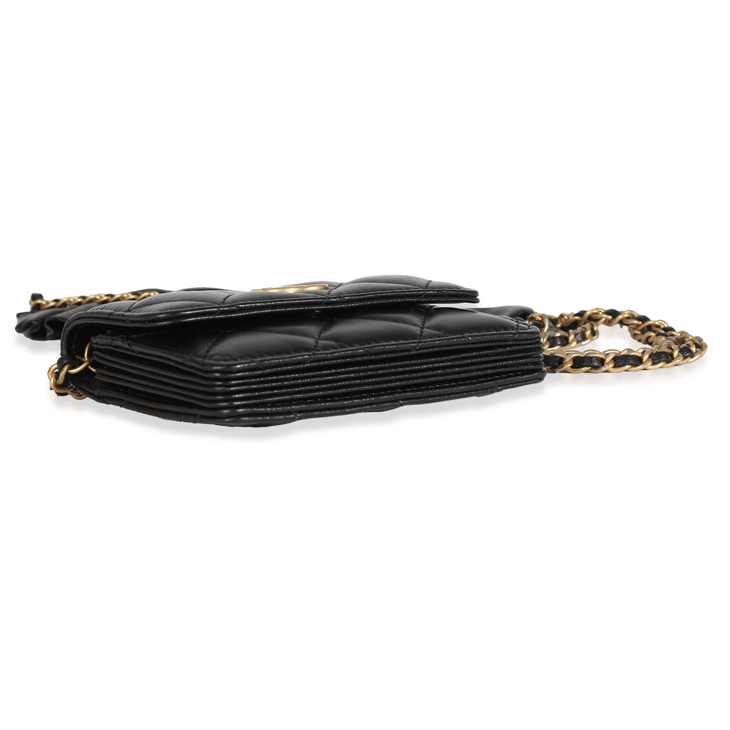 Chanel Black Quilted Lambskin Ruffled Card Holder On Chain