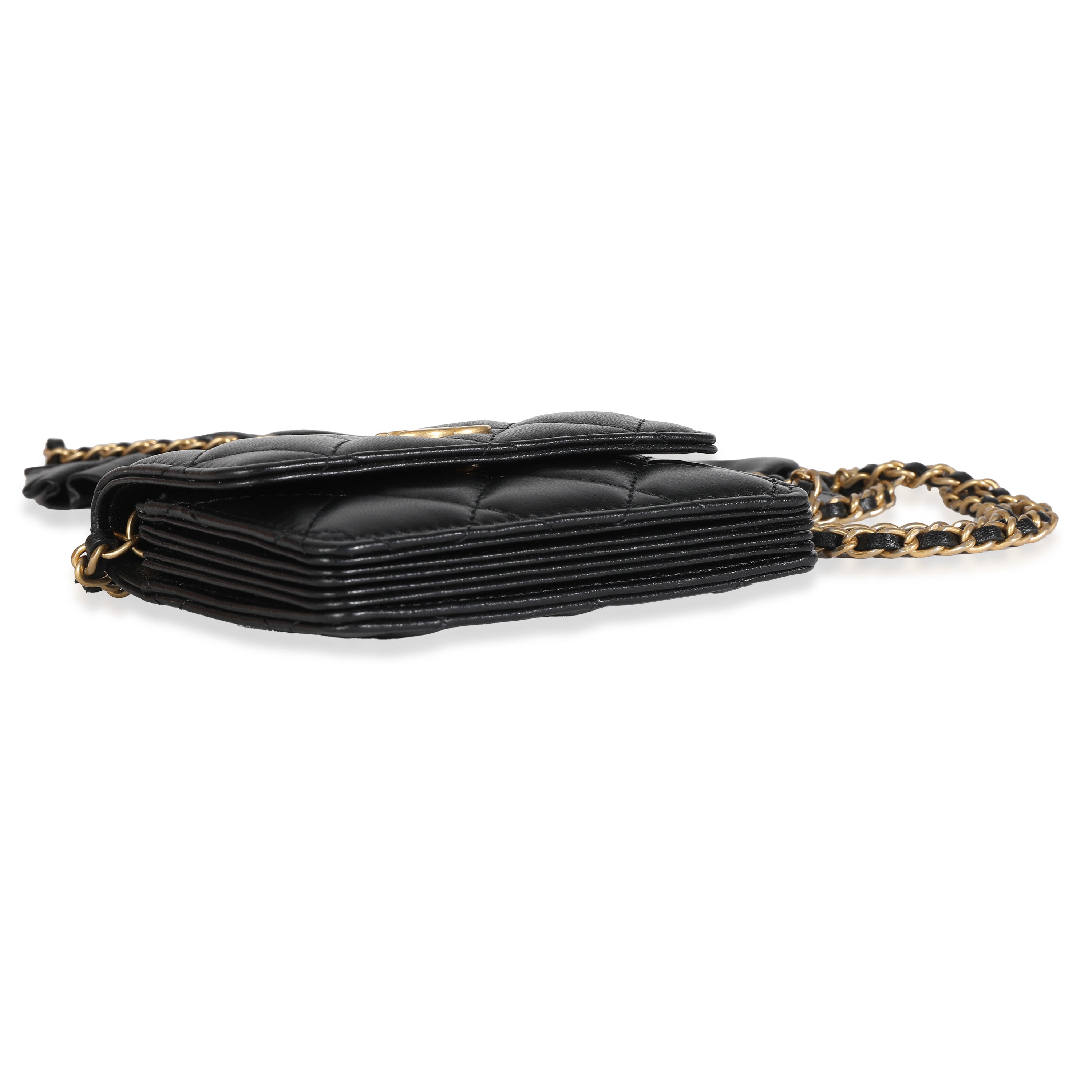 Chanel Black Quilted Lambskin Ruffled Card Holder On Chain