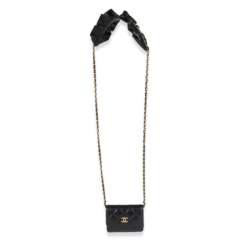 Chanel Black Quilted Lambskin Ruffled Card Holder On Chain