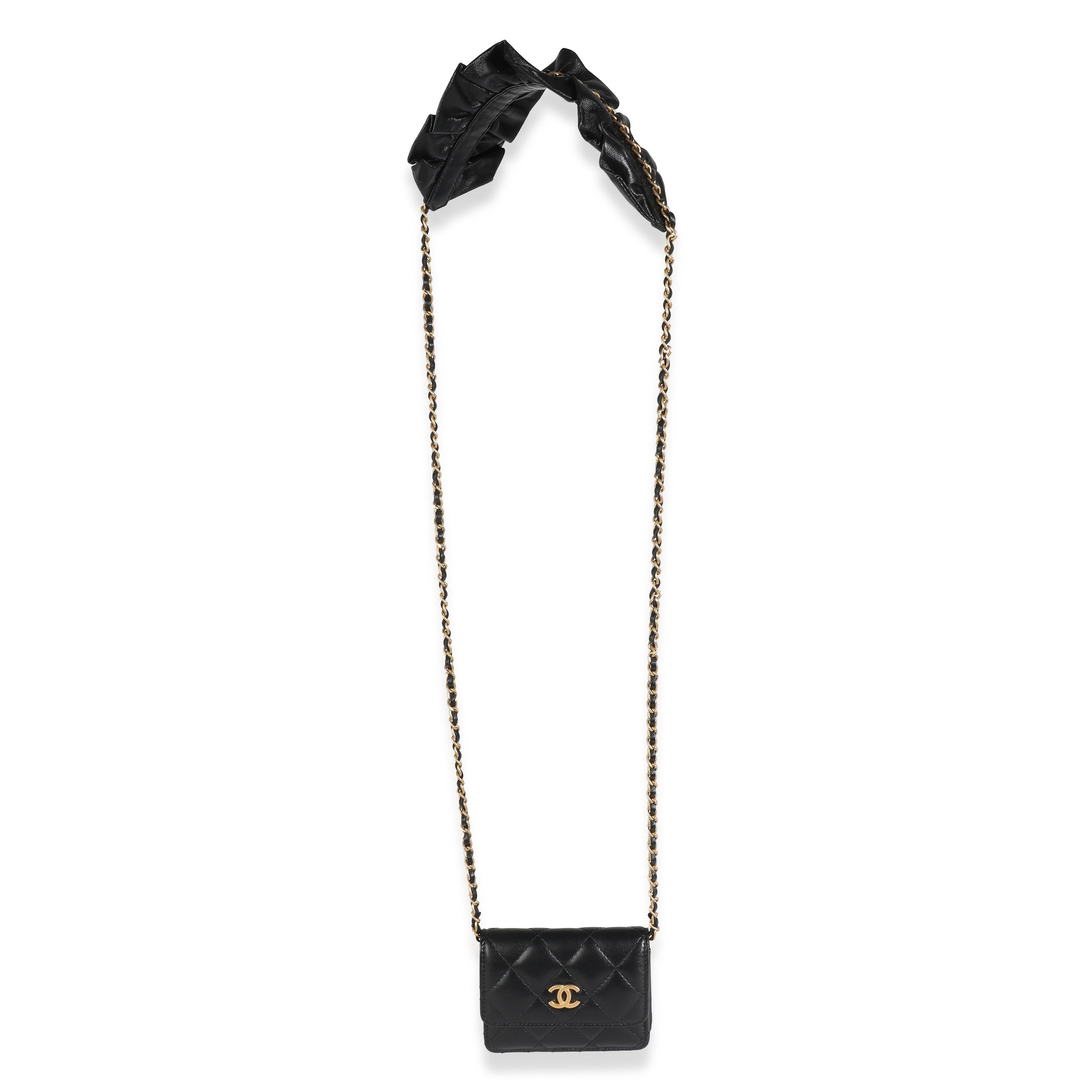 Chanel Black Quilted Lambskin Ruffled Card Holder On Chain