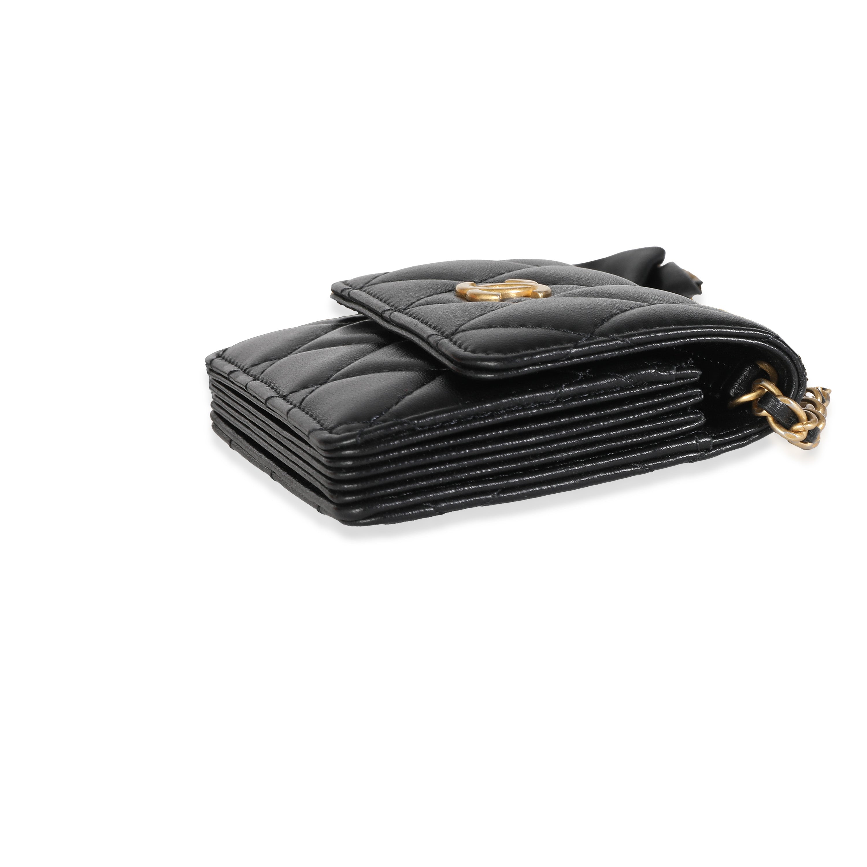 Chanel Black Quilted Lambskin Ruffled Card Holder On Chain