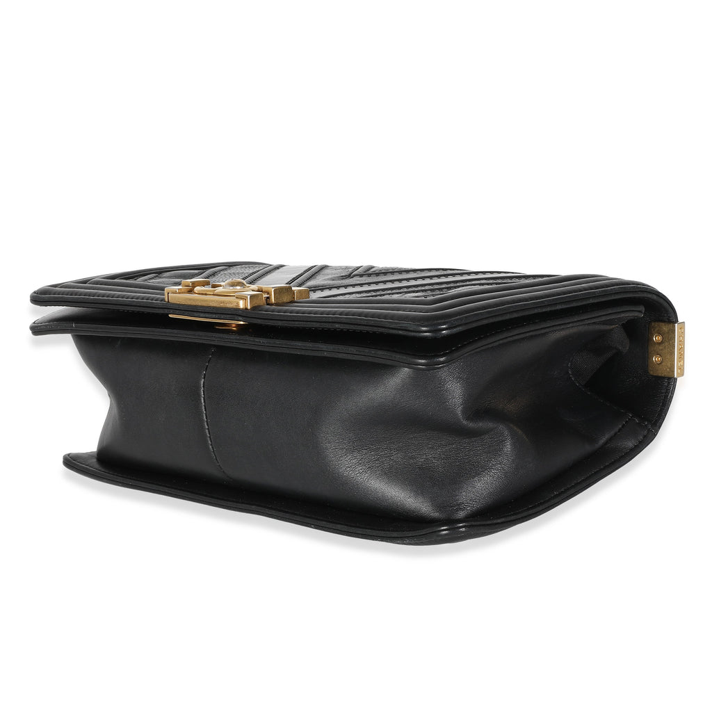 Chanel Black Calfskin Caviar In The Mix Chevron Old Medium Boy Handbag