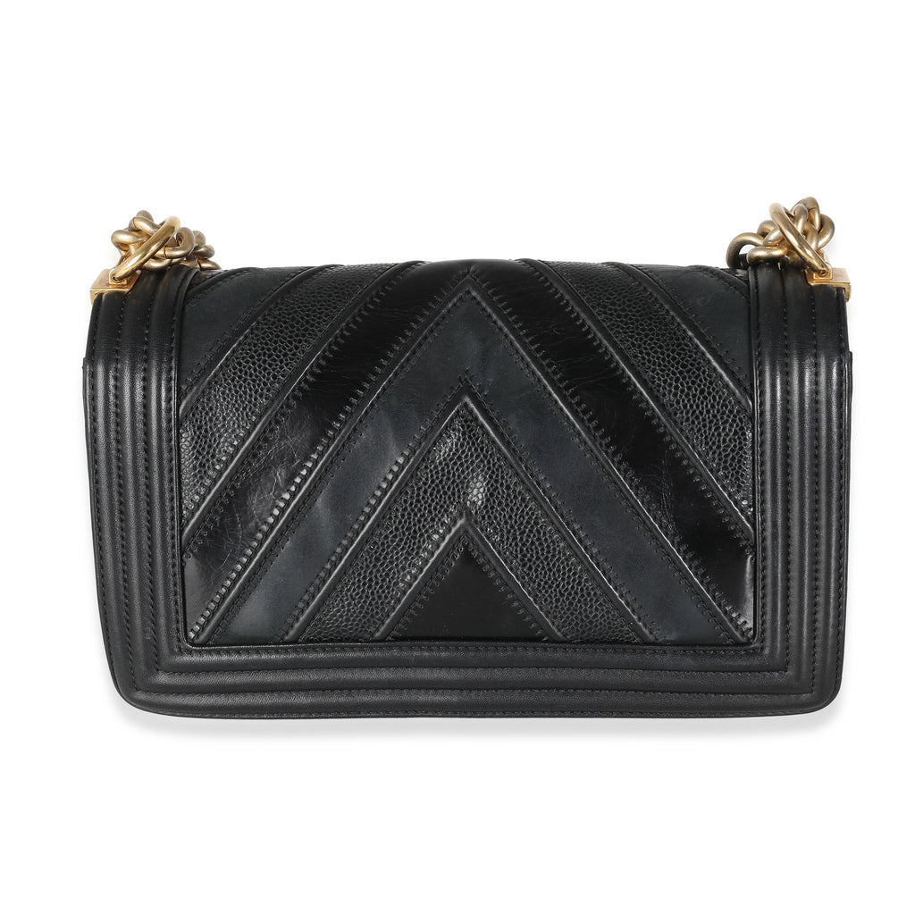 Chanel Black Calfskin Caviar In The Mix Chevron Old Medium Boy Handbag