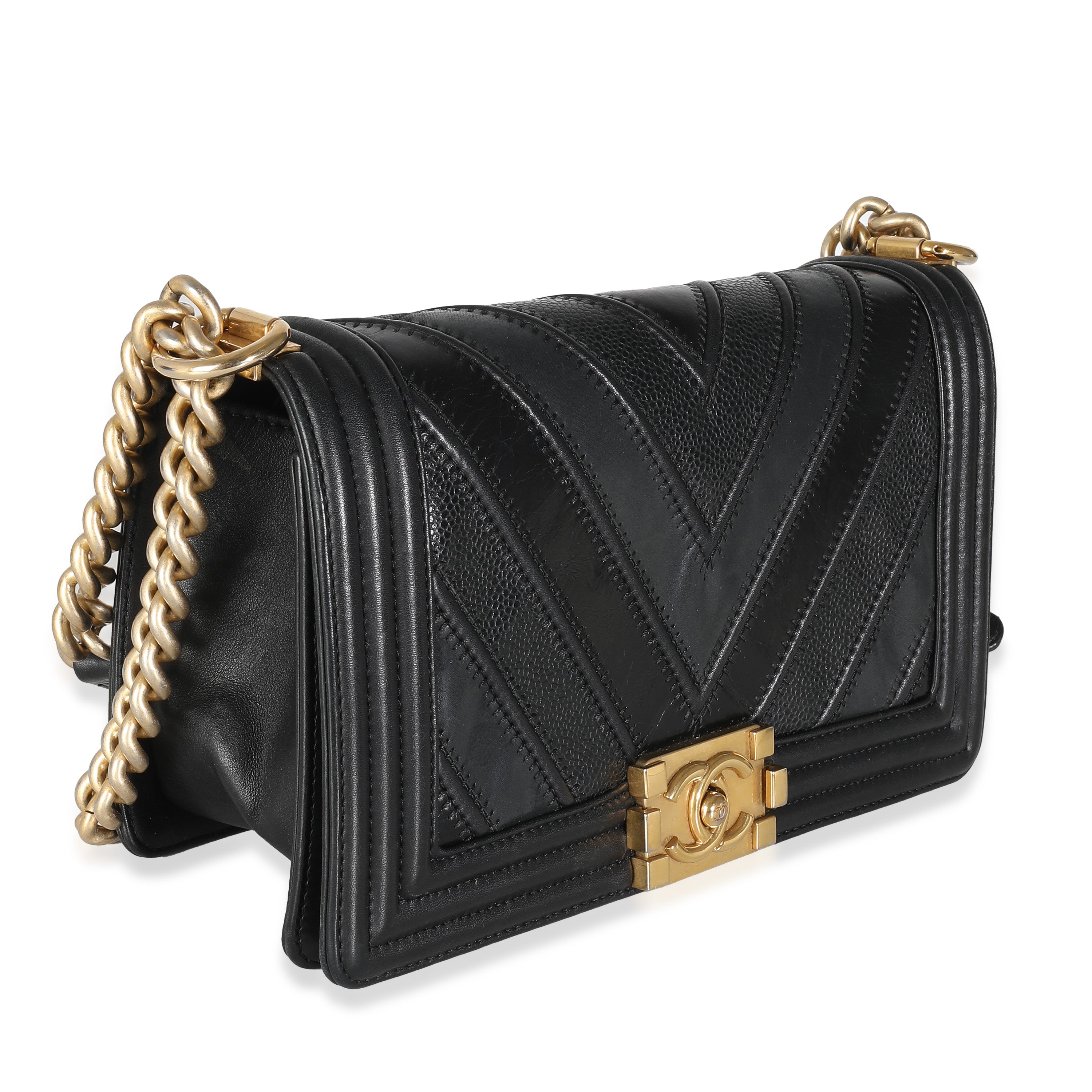 Chanel Black Calfskin Caviar In The Mix Chevron Old Medium Boy Handbag