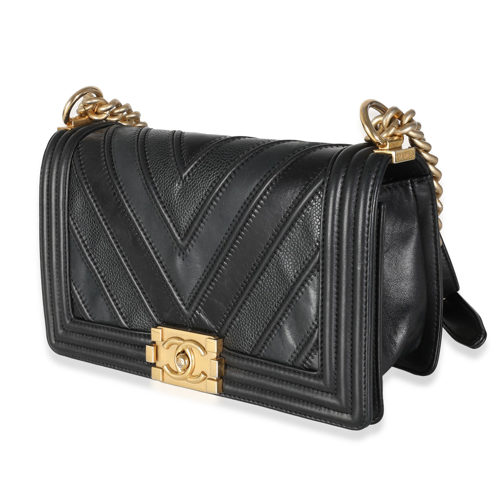 Chanel Black Calfskin Caviar In The Mix Chevron Old Medium Boy Handbag