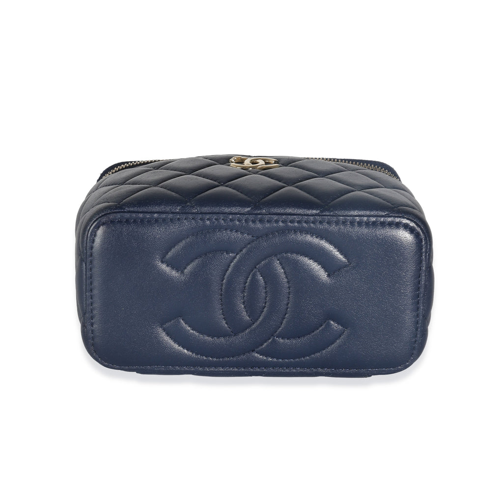 Chanel Navy Quilted Lambskin Top Handle Vanity Case With Chain
