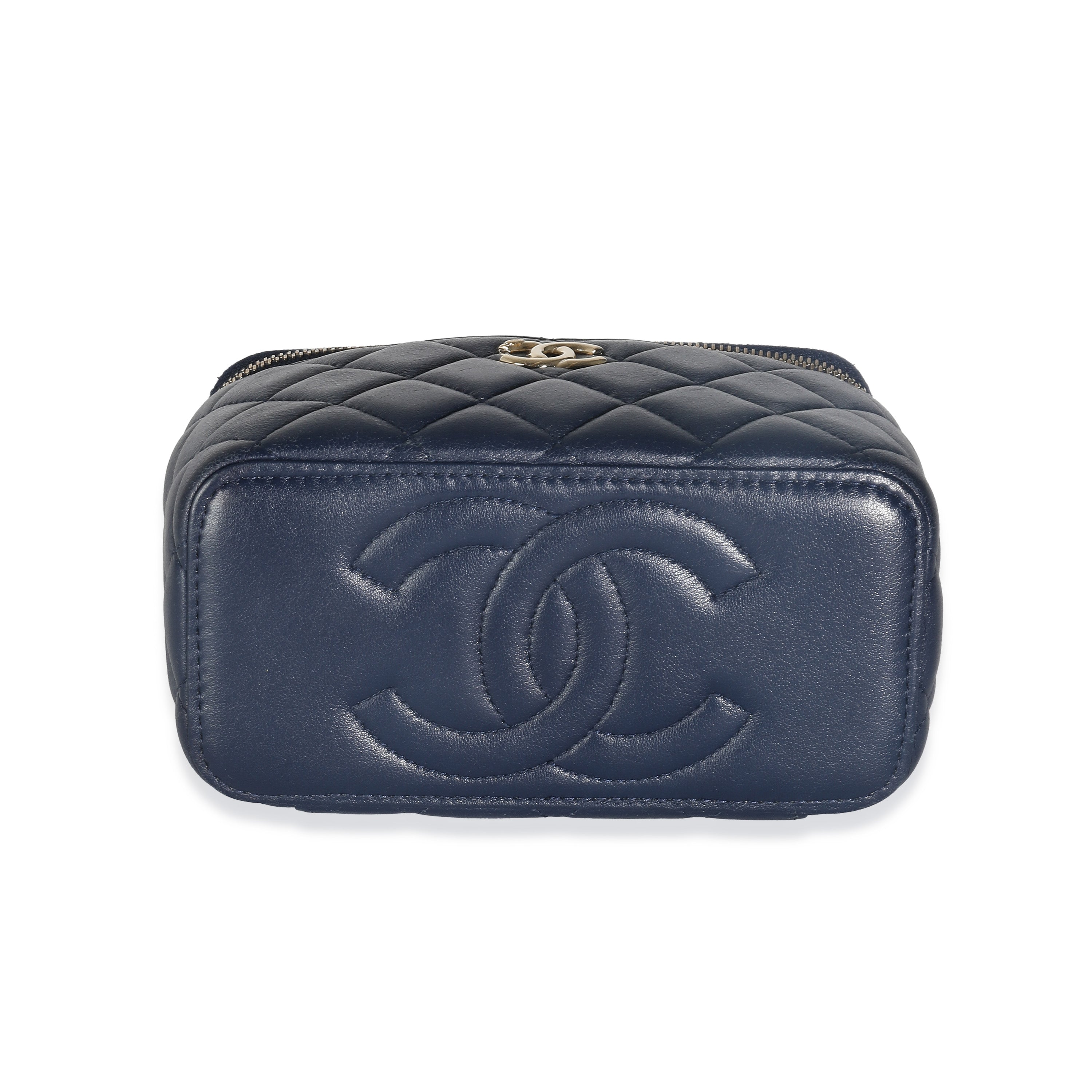 Chanel Navy Quilted Lambskin Top Handle Vanity Case With Chain