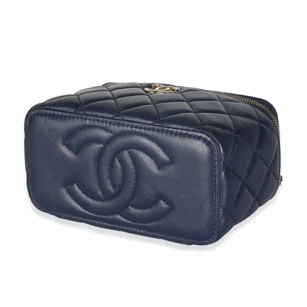 Chanel Navy Quilted Lambskin Top Handle Vanity Case With Chain