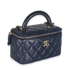 Chanel Navy Quilted Lambskin Top Handle Vanity Case With Chain