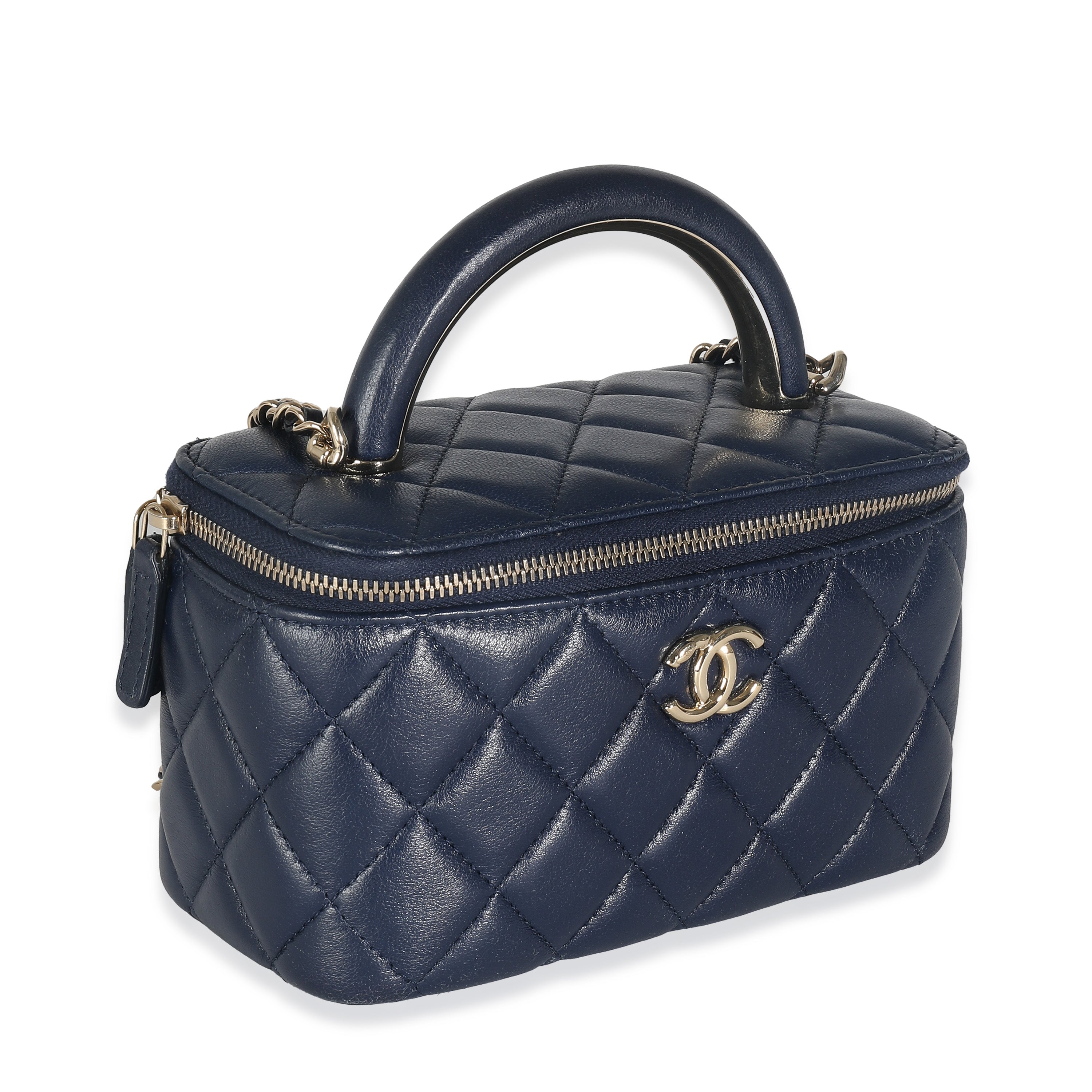 Chanel Navy Quilted Lambskin Top Handle Vanity Case With Chain