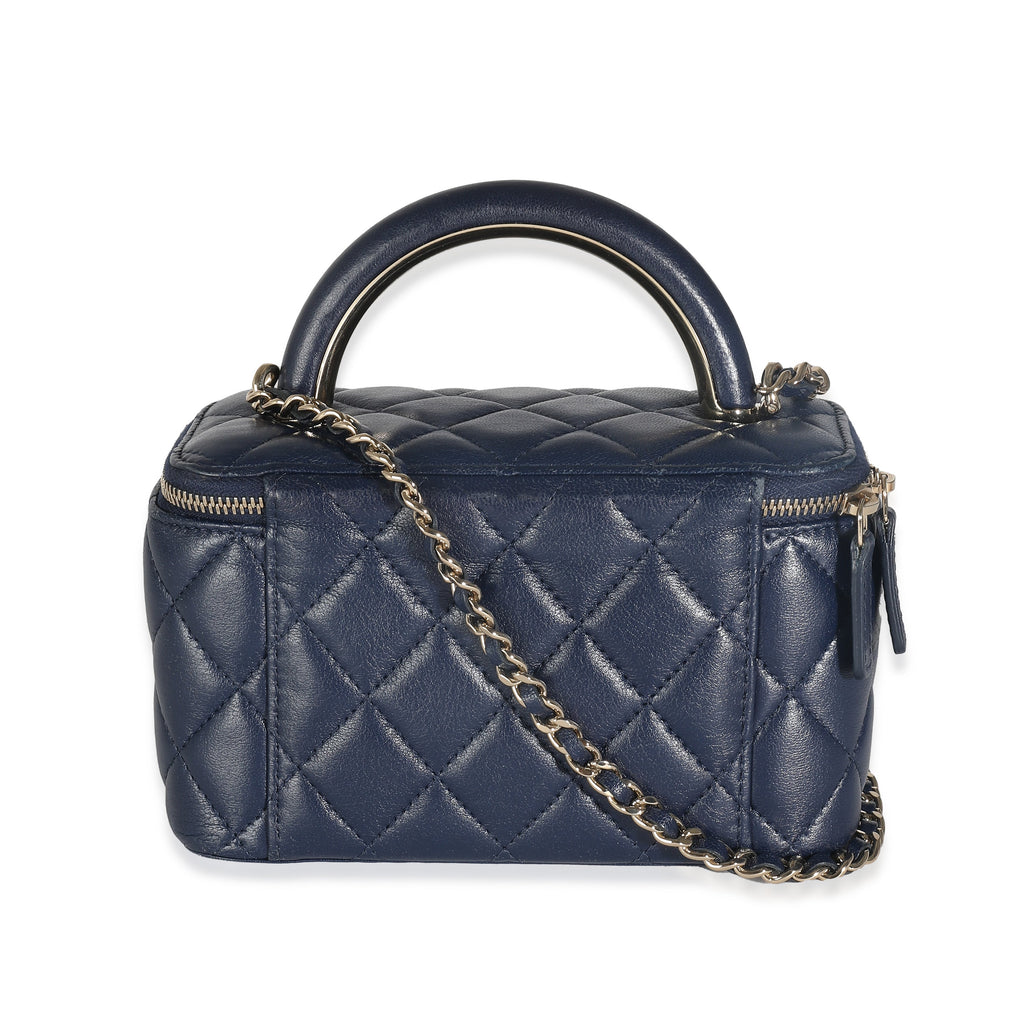 Chanel Navy Quilted Lambskin Top Handle Vanity Case With Chain