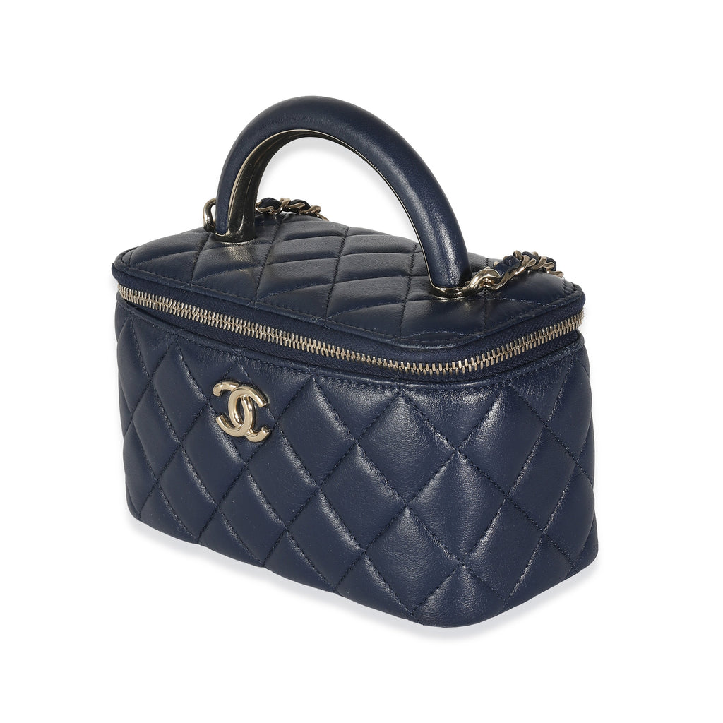 Chanel Navy Quilted Lambskin Top Handle Vanity Case With Chain