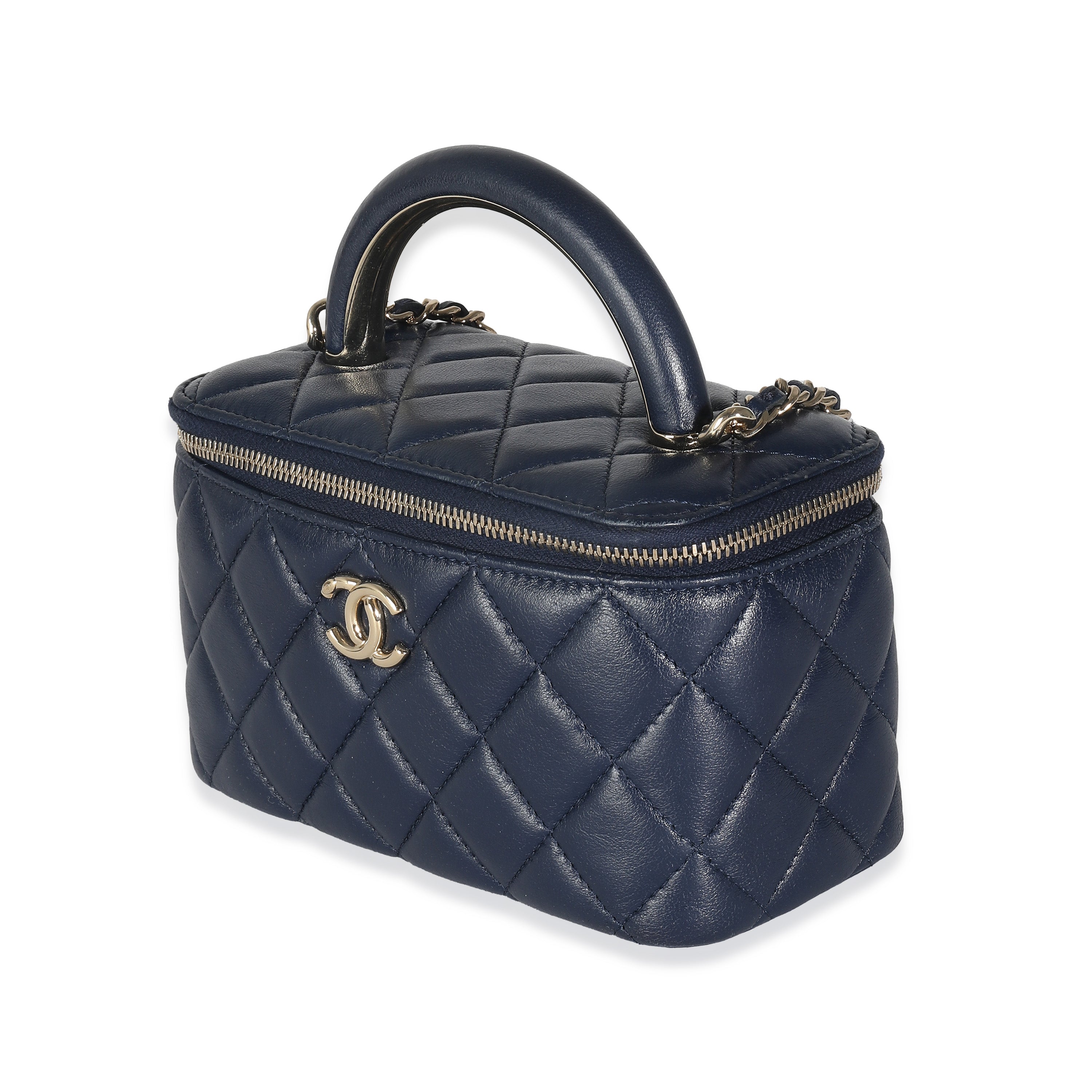 Chanel Navy Quilted Lambskin Top Handle Vanity Case With Chain