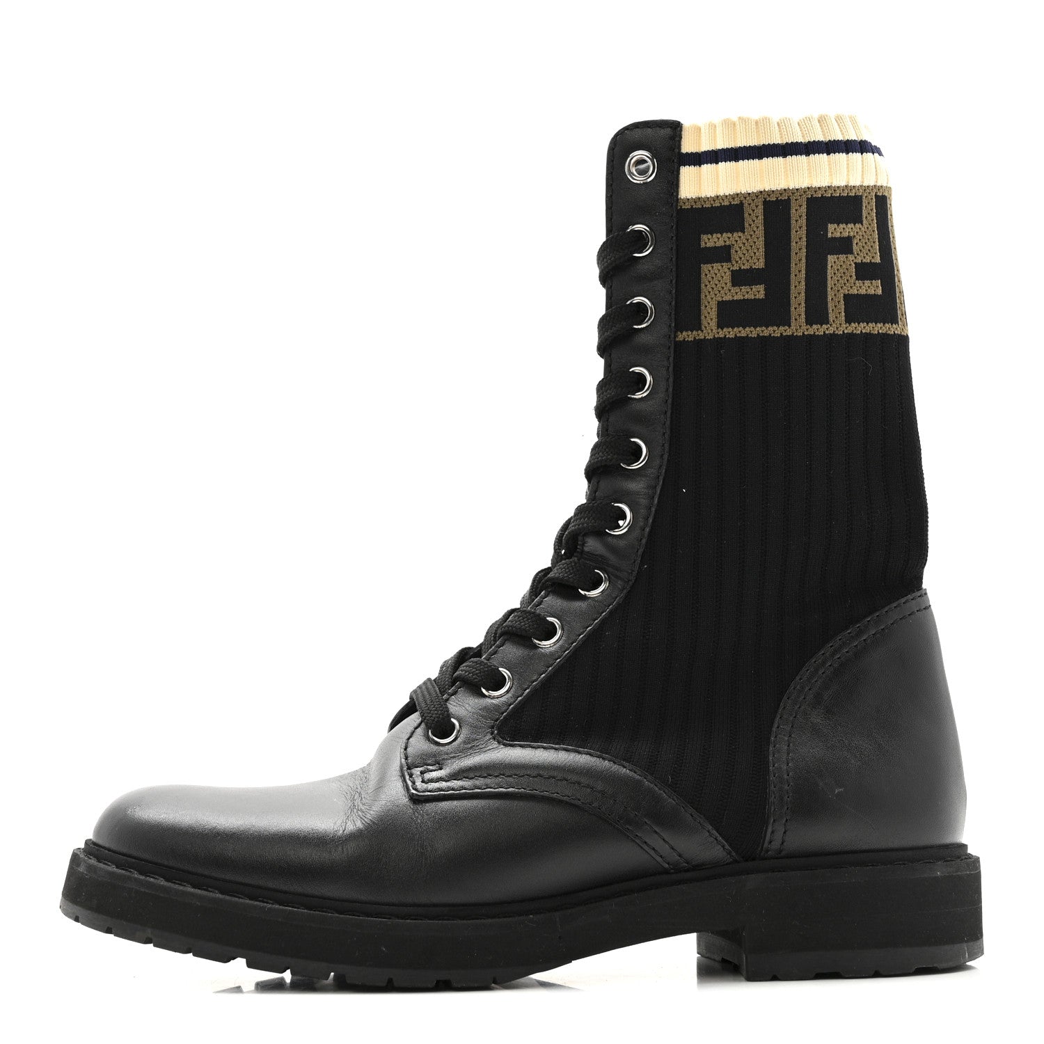 Fendi Calfskin Stretch Fabric Rockoko Biker Boots 36 Tobacco Black Marino