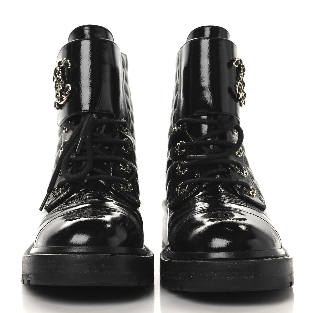 Chanel Shiny Calfskin Quilted Lace Up Combat Boots 39 Black