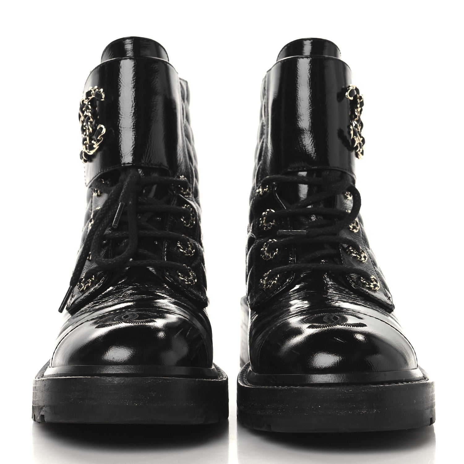 Chanel Shiny Calfskin Quilted Lace Up Combat Boots 39 Black