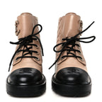 Chanel Shiny Lambskin Quilted Lace Up Combat Boots 36 Beige Black