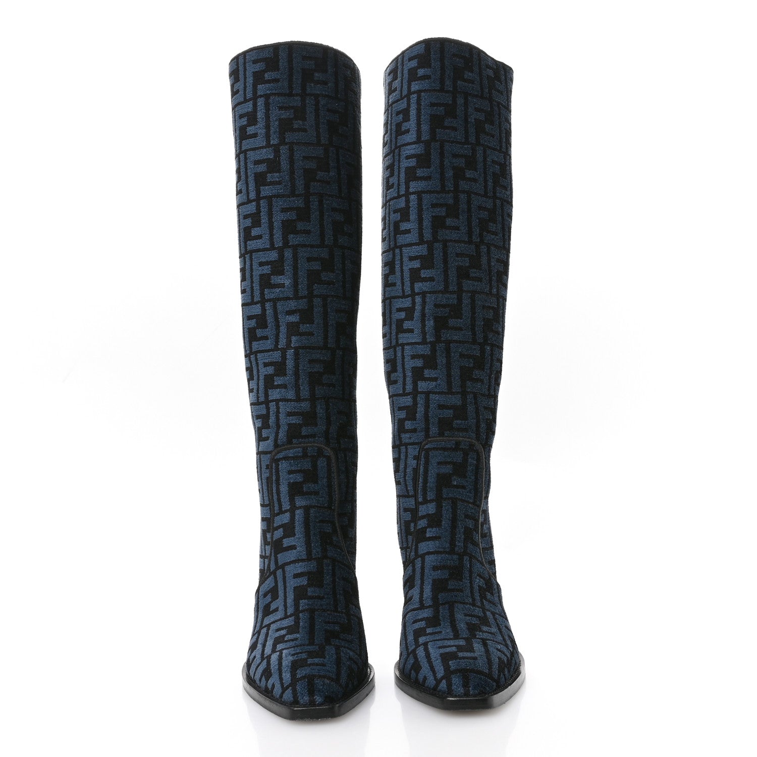 Fendi Chenille Jacquard FF 110mm Knee Boots 38 Black Blue
