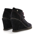 Chanel Suede Lace Up Wedge Booties 37 Dark Blue
