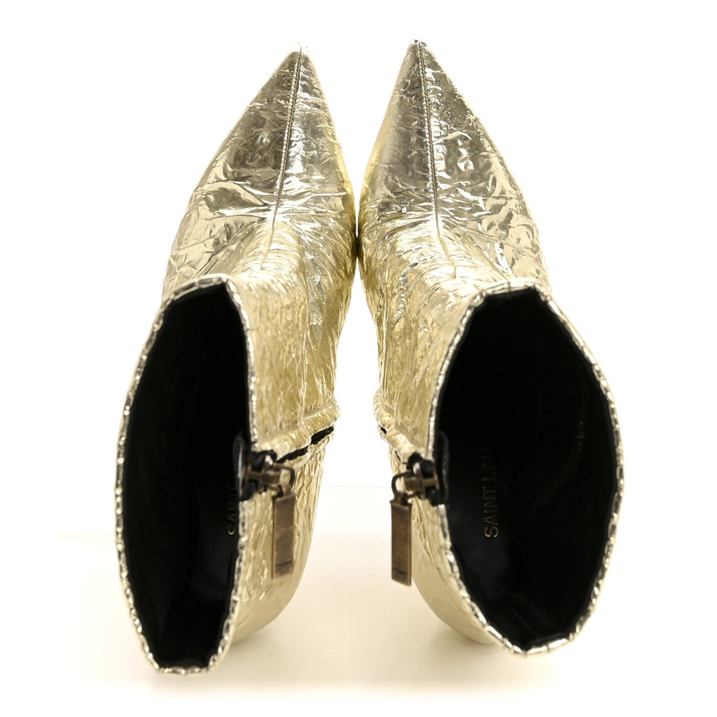 Saint Laurent Metallic Crinkled Polyurethane Calfskin Kiki Pointed Toe Ankle Boots 38 Gold