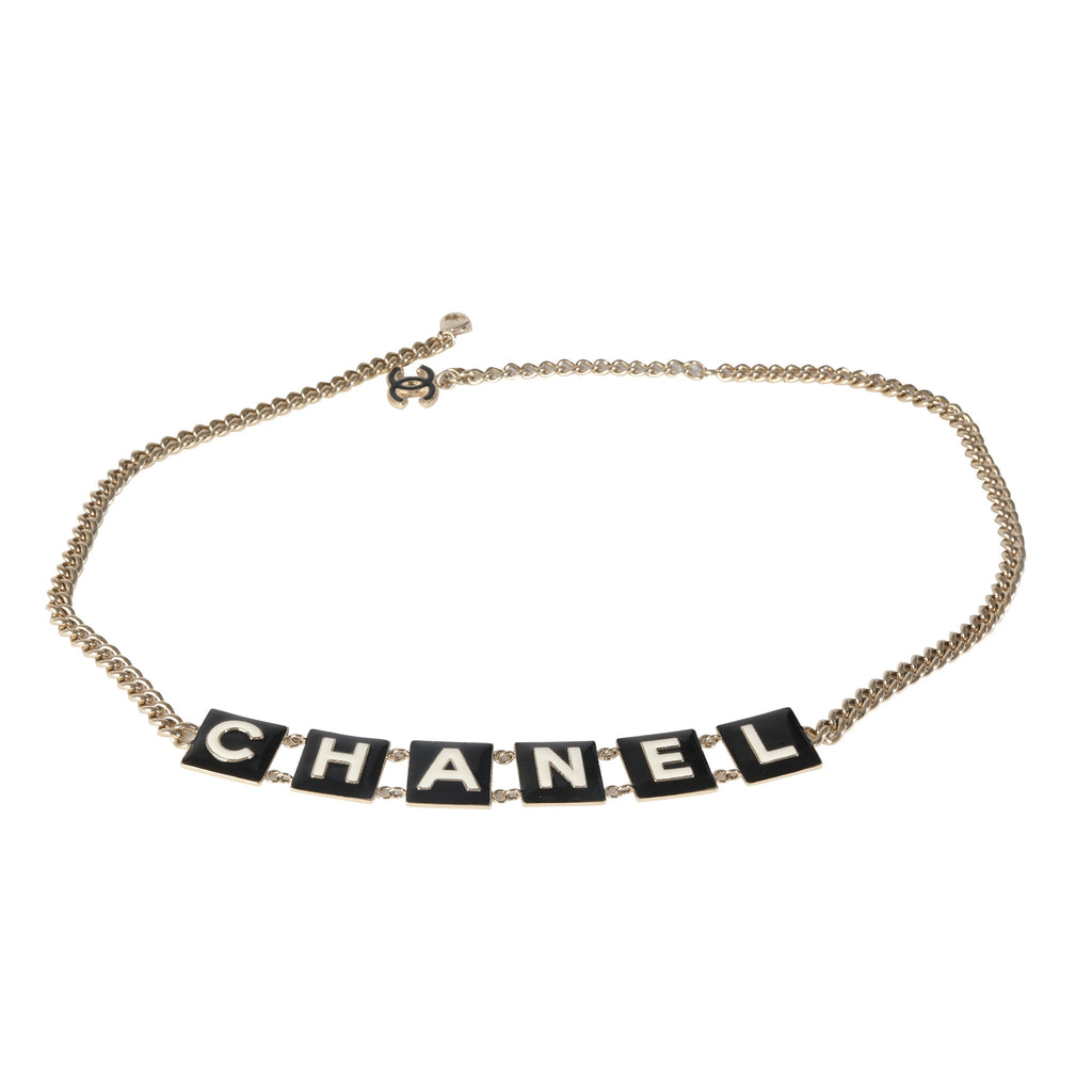 Chanel 2022 Black & White Enamel Gold Plated Logo Belt