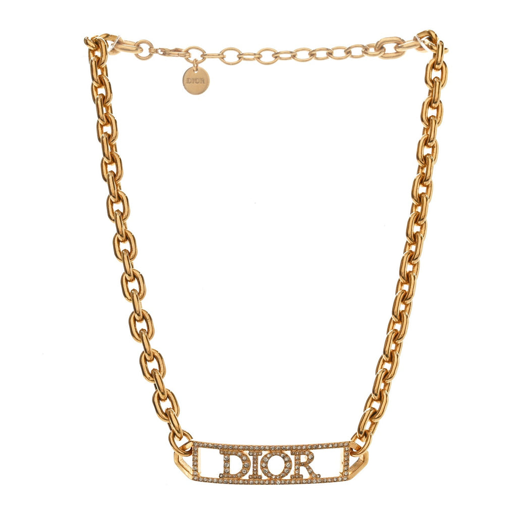 Christian Dior Metal Crystal Logo Chain Choker Necklace Gold